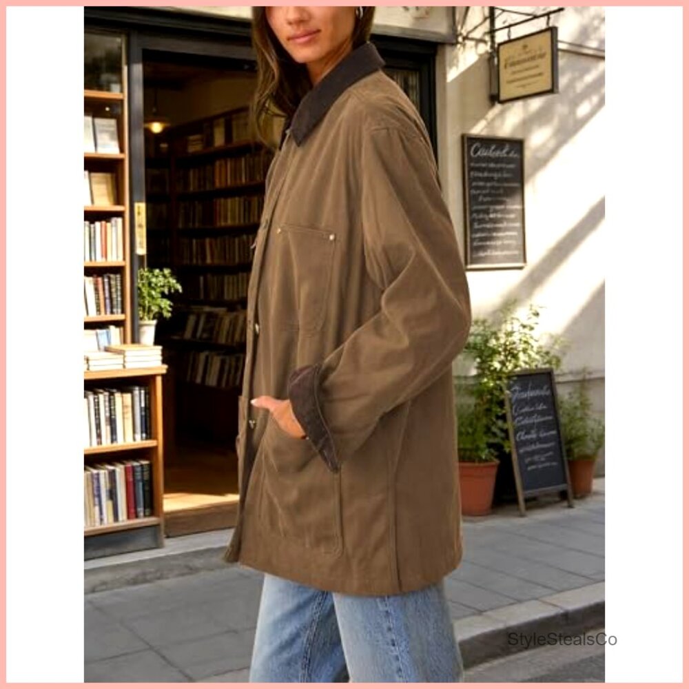 Oversized Cotton Barn Jacket with Corduroy Collar and Pockets - Picture 2 of 7